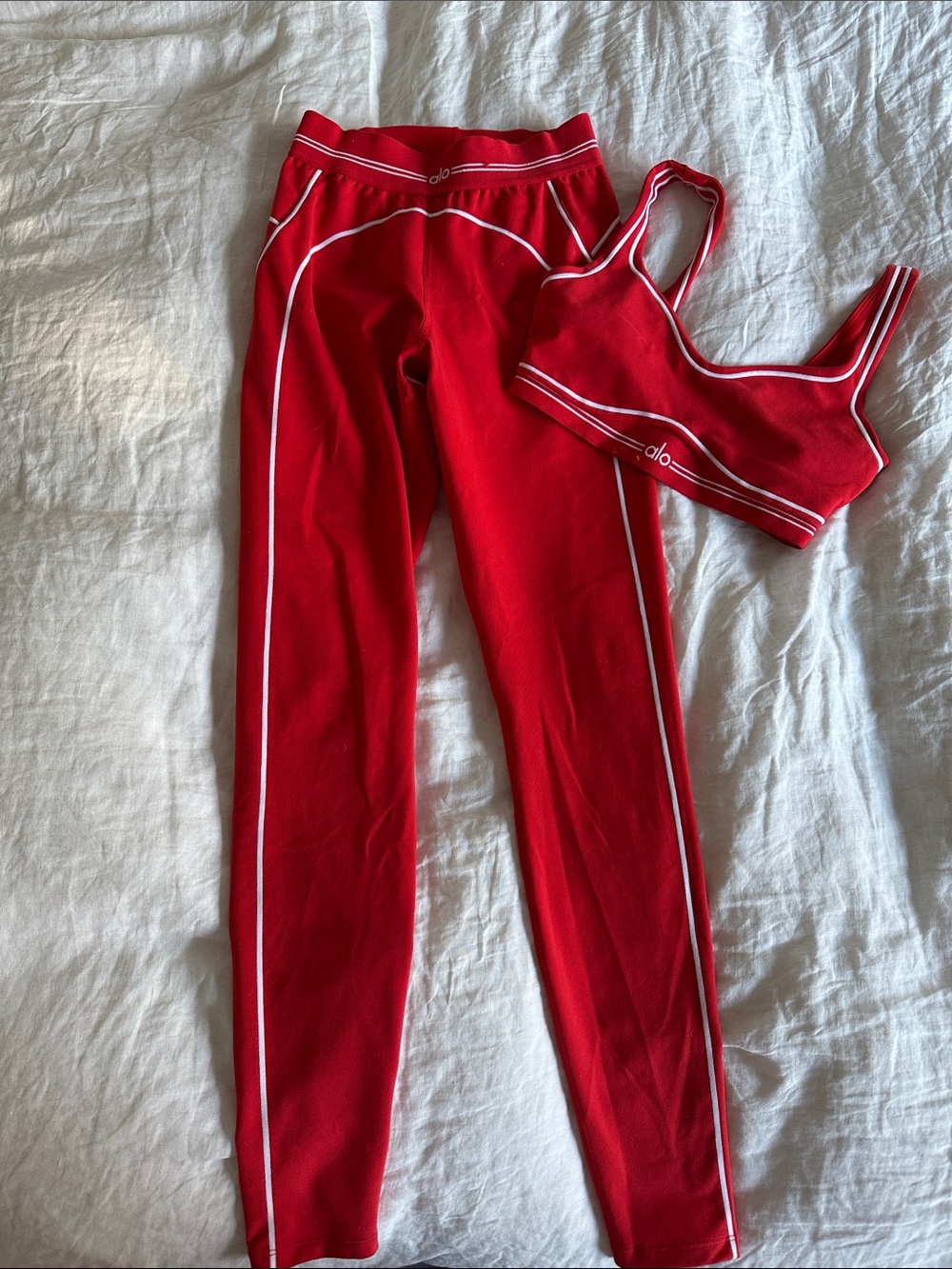 ALO Yoga Red Sports Bra and Leggings Set with White Piping